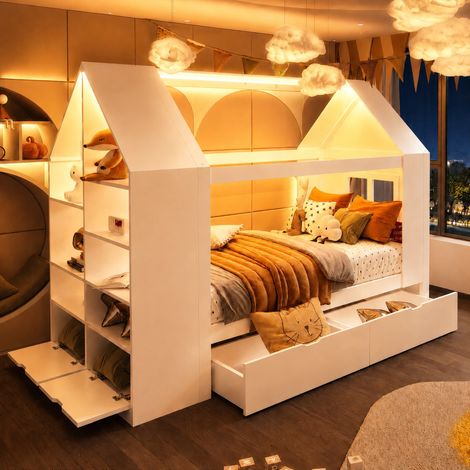 Letto a casetta in legno bianco 235x95x154,5 cm con LED e contenitori, senza materasso (1/5)