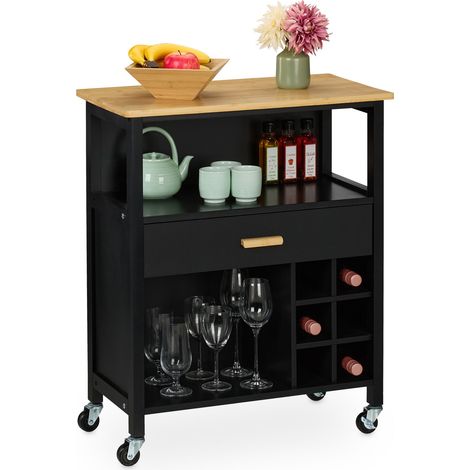Relaxdays Küchenwagen, Weinregal 6 Flaschen, Schublade, 2 Fächer, 80x65x35 cm, Bambus Arbeitsplatte, MDF, schwarz/natur