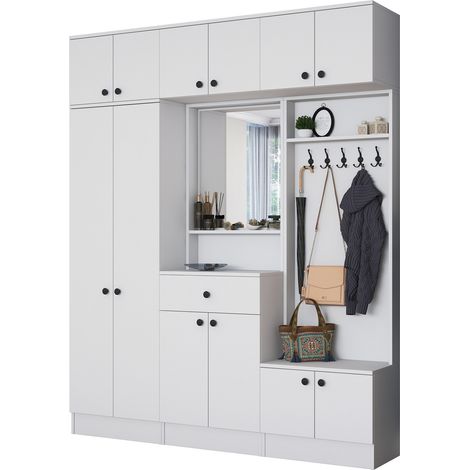 Garderobenset Torpenn, mit Spiegel, Kleiderhaken, 11 Regale, 180x36x226h cm Weiß
