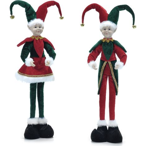 Decorazione Natalizia Coppia di Elfi Gnomi Giullari di Corte GRANDI H57 cm, Colorati e Festivi  in Rosso e Verde (1/4)