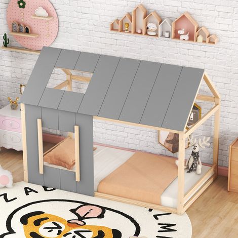 Letto a casetta bambini 90x200 cm con tetto e finestra, naturale e grigio chiaro