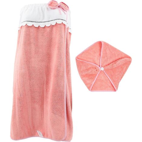 Ensemble serviette de spa, chapeau de douche et jupe de bain rose assortie pour femme (1/5)