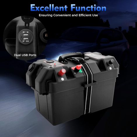 Multi-Function Battery Box Leisure Battery Box Storage Portable Caravan Leisure Charge Case with Fixed Strap Dual Usb for Rv Caravan, Camper, PP, Black (1/5)