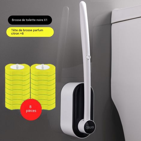 Ensemble de brosse de toilette jetable murale noir, brosse WC avec 8 têtes de rechange jaune citron, kit nettoyage salle de bain