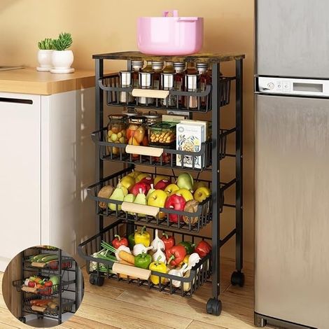 Panier à 5 niveaux en fil métallique sur roulettes pour cuisine, étagère empilable au sol, bacs de rangement pour fruits et légumes avec tiroirs coulissants pour salon, chambre à coucher (1/5)