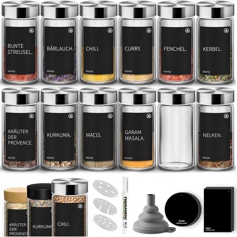 Pot a Epices en Verre, Forme Ronde Bocaux Epices, 12PCS×100ml Epices Pots Rangement-Pots à éPices, Ensemble de Pot Epices Contenir Etiquette Epices、Entonnoir、Stylo Effaçable (1/5)