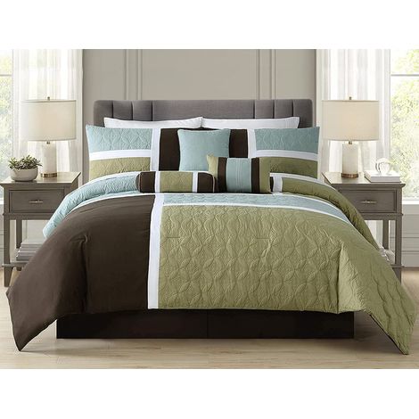 Parure de lit avec Housse de Couette en Patchwork, 7 pièces, Couleur Marron café/Vert Eau/Vert Sauge, pour lit King-Size (1/5)