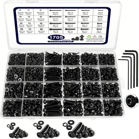 Kit d'assortiment de vis de machine de 1705pièces, kit de boulons et d'écrous métriques M2 M3 M4 M5 avec verrouillage et rondelles plates, tête de bouton hexagonal 10.9 bouchon en acier allié avec clé