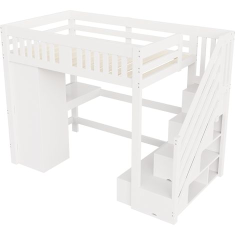 Lit en bois 140 × 200 cm, escalier avec rangement, bureau avec prise européenne, bande LED multicolore, armoire simple, banc avec rangement, garde-corps haut, lit mezzanine, lit ado, blanc (1/5)