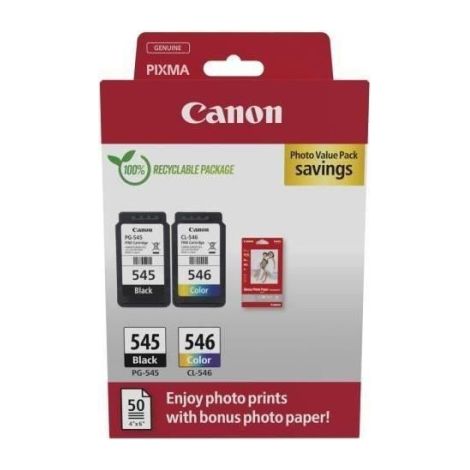 Pack de 2 cartouches d'encre CANON PG-545 Noir et CL-546 Couleur – 9ml et 8ml – Compatible imprimantes PIXMA – Papiers photo inclus