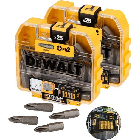 2 x Dewalt 25 Piece PH2 Standard Philips Screwdriver Bit Set Flex Tough Case