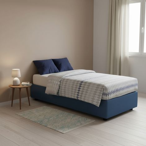 Talamo Italia Letto singolo Rachele, Letto contenitore con rivestimento in tessuto, 100% Made in Italy, Apertura frontale, con materasso Cm 80x200 incluso, Blu, con imballo rinforzato (1/5)