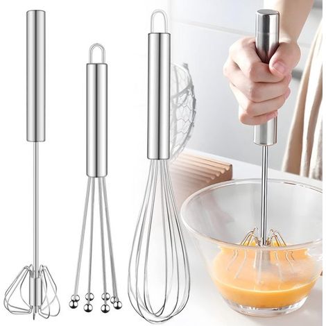 Ensemble de 3 fouets en acier inoxydable – Fouet ballon avec billes – Fouet semi-automatique de haute qualité pour mélanger, remuer et fouetter – Argenté (1/5)