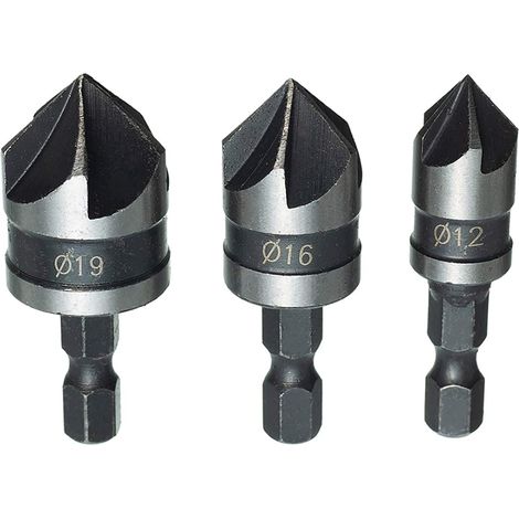 3 Stück 1/4 Zoll Sechskantschaft HCS Senkbohrer 5 Nuten 90 Grad Senkbohrer Senker Bit 12 mm/16 mm/19 mm für Holz, Kunststoff, Aluminium (1/5)
