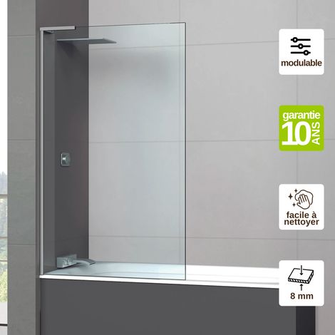 Pare-baignoire Fixe en Verre Trempé 8 mm Transparent Anti-calcaire - L100H147 cm - profilé chromé - Mont Blanc E SUPERBAN (1/4)