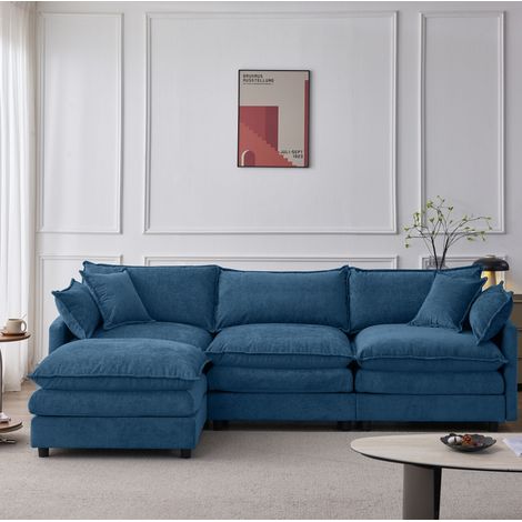 Sofa rinconera modular 267/154/85 cm en chenilla azul con pouf movil, 3 plazas y confort con muelles ensacados (1/5)