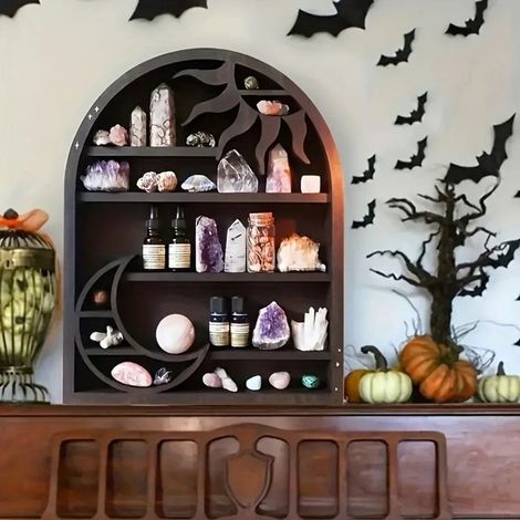 Wood Shelf - Crescent Moon And Sun Wall Display Shelf For Crystals And Decorative Items - 1 Piece (1/5)
