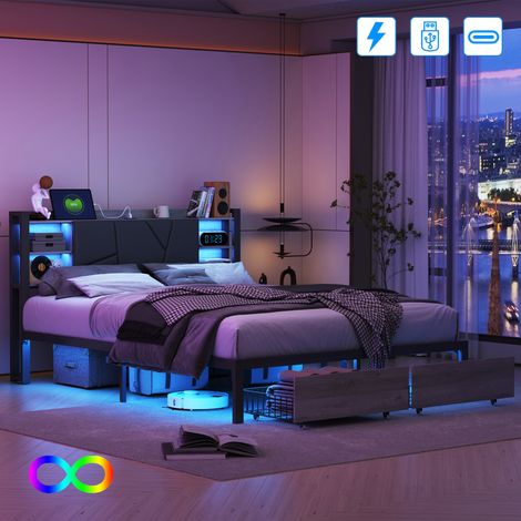 Lit adulte 140x200 cm avec tête de lit LED, cadre LED, structure en bois massif et métal, 2 tiroirs au pied (1/5)