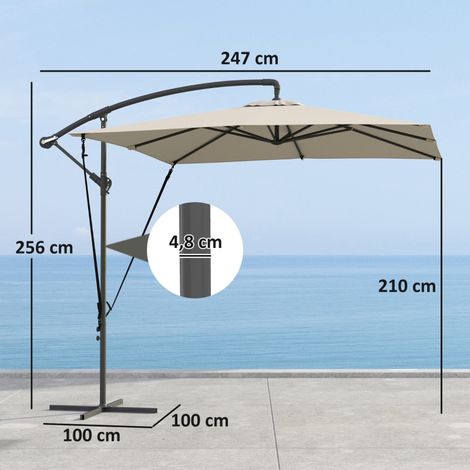 Parasol déporté 2,5x2,5m kaki, toile ajustable 8 baleines base croix manivelle (1/5)