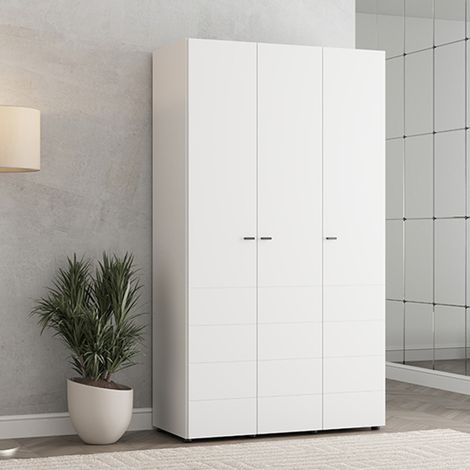 Dmora Kleiderschrank 3 Türen Ronco, Schlafzimmer Kleiderschrank mit Kleiderstange, 4 Fächer, 117x52 cm, Mattweiß (1/5)