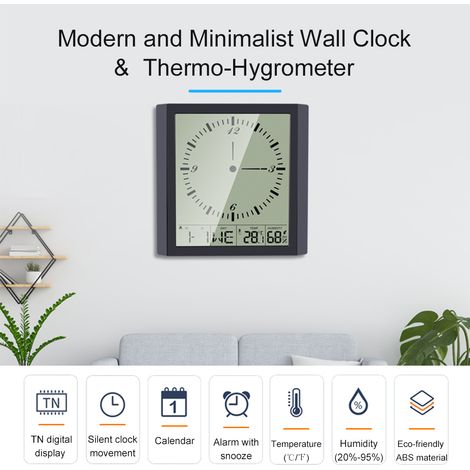 Thermomètre-hygromètre numérique multifonctionnel avec horloge carrée minimaliste, calendrier, alarme et fonction snooze, indicateur de température et d'humidité intérieures (1/3)