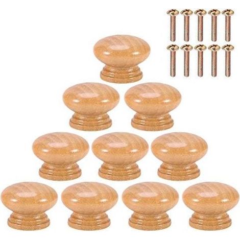 10Pcs Poignée Bouton de Porte Boutons En Bois Naturel Ronde Champignon Cabinet Placard Bouton Poignées avec Vis S/M/L (28MM) (1/5)