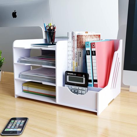 Organisateur de Bureau Multifonctionel Boîte de Rangement Bureau Étagère de Dossiers et Porte-Documents Compartiment de Rangement en PVC pour Bureau Maison et École(4 Niveaux)