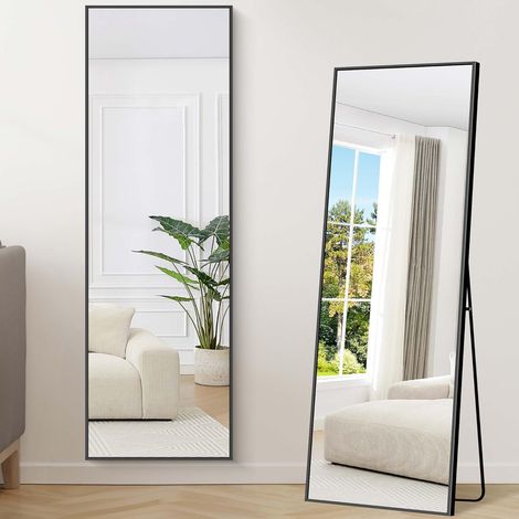 Miroir Pleine Longueur Rectangulaire, 147 x 44 cm, Miroir sur Pied Penché ou Suspendu, Cadre en Métal Noir, pour Salon, Chambre, Entrée (1/5)