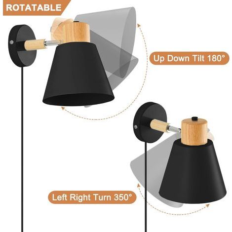 Modern Wall Lamps for Bedroom Set of 2, Rotation Wall Lights for Living Room, Black Plug in Sconces Decor Mounted Lighting Fixture with Cord-2 Pack(ampoule non incluse) (1/4)