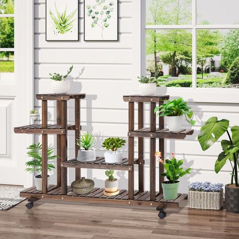 Étagère à plantes 6 niveaux sur roulettes, en bois brun foncé, pour intérieur et extérieur, 123,5 x 33 x 80 cm, stable et mobile – CHICFURN (1/5)