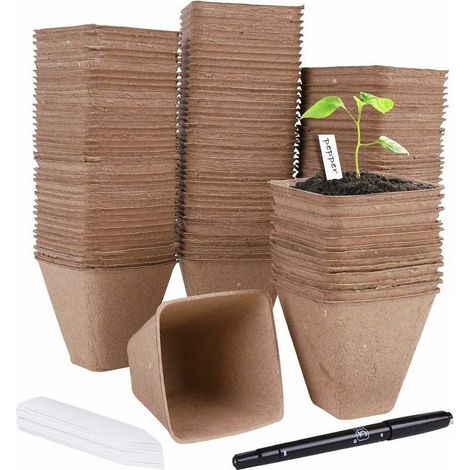 ZOLGINAH 120 Pièces Pots de Semis Biodégradable Godets de Repiquage 8cm Carré Godet Semis Pot Jardinage avec 30 Étiquettes de Plantes pour Graine Légumes Fleurs Succulentes (1/5)