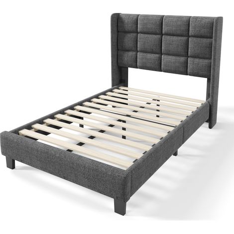 Cama tapizada de lino gris, 90x200 cm, con somier tapizado, firmeza media, apta para adultos y adolescentes (colchón no incluido) (1/5)