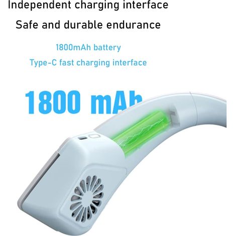 Ventilateur de cou portable - mains libres,avec 3 vitesses réglables,rechargeable de type C -pour travail,cuisine-Blanc et bleu (1/4)