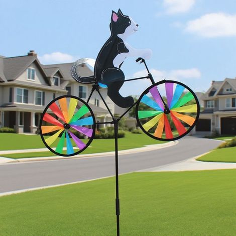 Lot de 2 moulins à vent 3D résistants aux intempéries - Vélo animal - Carillon éolien pour chien et chat - Pour l'extérieur, la cour, la pelouse, l'arc-en-ciel (chat noir) (1/5)