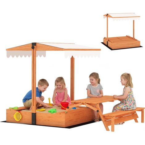 Sandkasten mit Dach Sandkiste aus Holz mit klappbarem Picknicktisch Sitzbänken für 3-8 Jahre 184 x 110 x 120 cm Braun