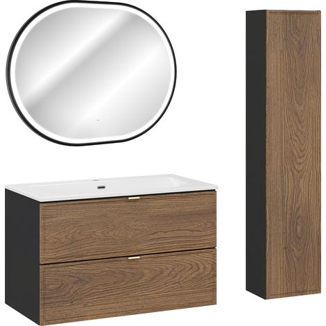 Set aus Einzelmöbel, Einbauwaschbecken 80cm, Säule und Spiegel Elena Holz und Schwarz