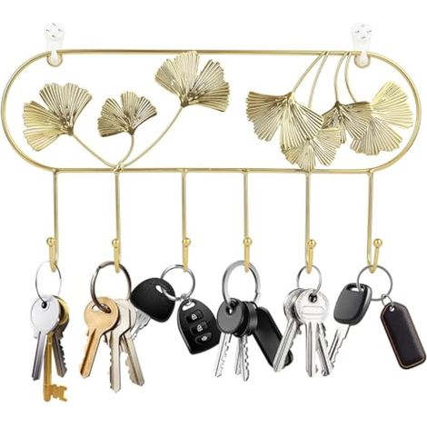 1 PcsPorte Clé Murale Moderne, Porte Clés Mural Entree avec Motif Feuille de Ginkgo Dorée, Accroche Clef avec 6 Crochets, Porte Clef Mural Decorative pour Courrier à Entrée Chambre Cuisine Couloir (1/4)
