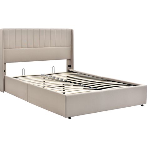 Cama con canapé abatible hidráulico 160x200 cm de lino beige con cabecero acolchado HOMVRA (1/5)