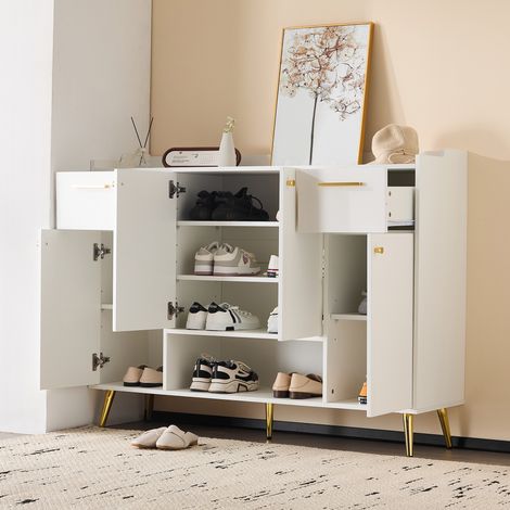 Zapatero 130x37x100 cm blanco en tablero de partículas con 2 cajones, 4 puertas y patas metálicas (1/5)