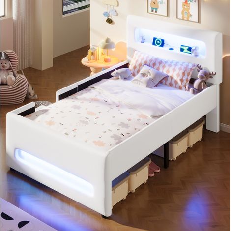 Cama infantil 90x200 cm de PU y MDF blanca, con almacenaje y LED para dormitorio FloraGrace (1/5)