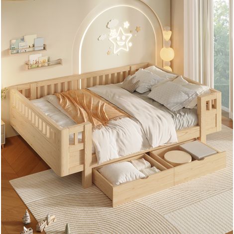 Cama infantil 140x200 con barrera de seguridad y 2 cajones, madera natural HAVRYA (1/5)