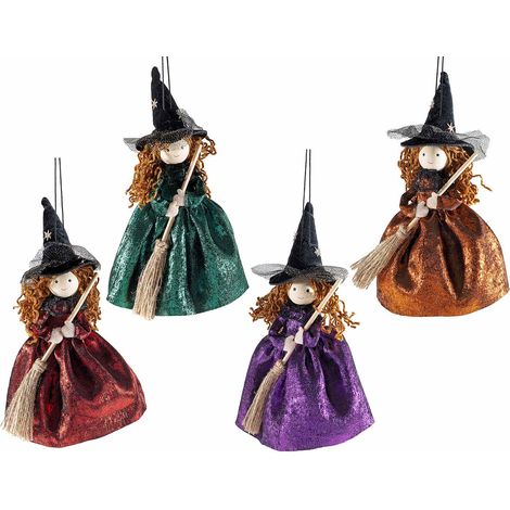 Befanas sorcières décoratives avec robe en satin et petit balai à suspendre, lot de 8, 11x5x20 cm (bonnet déplié)