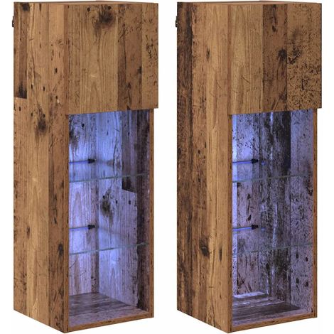 Lot de 2 meubles TV muraux design moderne 30,5 x 30 x 90 cm avec éclairage LED ambiance contemporaine en bois ancien (1/5)