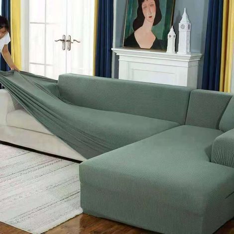 Canapé d'angle extensible housse résistante pour 1 2 3 4 places, vert, L forme 3+3, tissu élastique antidérapant, protection meuble