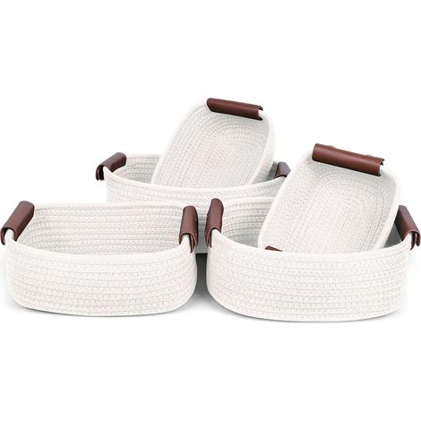 Cesta de cuerda de algodón tejida a mano con asas de cuero, blanca, para armario, baño o habitación infantil. (1/4)