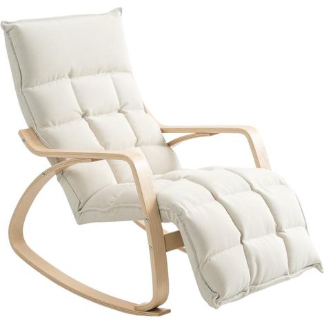 Fauteuil à bascule avec dossier et repose-pieds, fauteuil inclinable aspect lin, fauteuil de lecture pour salon, chambre, balcon, blanc crème