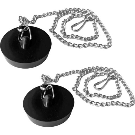Lot de 2 Bouchon, Acier inoxydable, Caoutchouc, Chaîne 45 cm, Noir, Évier Cuisine Salle de bain (1/5)