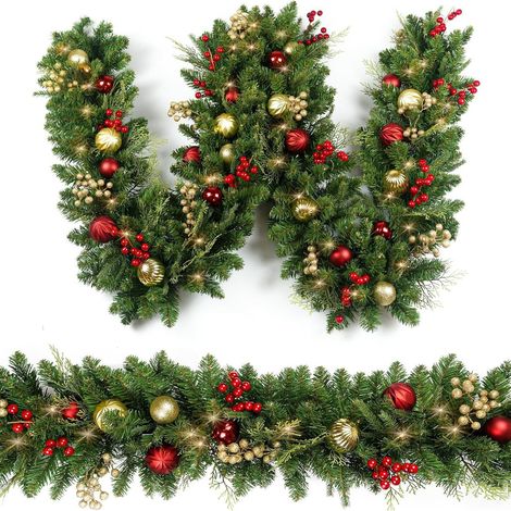 Guirlande de Noël 2,7 m avec Lumières LED, Guirlande Sapin Lumineuse Décorative pour Escalier, Cheminée, Porte D’entrée,Intérieur/Extérieur (1/5)