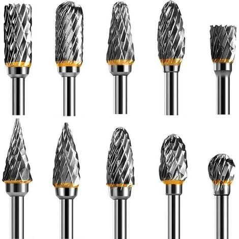 Jeu de Fraises Rotatives Acier Carbure de Tungstène Double Tranchant pour Outil rotatif, 10 pièces Tige 1/8” pour Outil Rotatif pour Bricolage, Sculpture sur bois, Polissage métaux, Gravure, Perça (1/5)