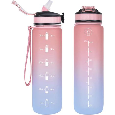 Sport-Wasserflasche 1L mit Strohhalm, Zeitmarkierungen, auslaufsicher, BPA-frei, PinkBlau (1/5)